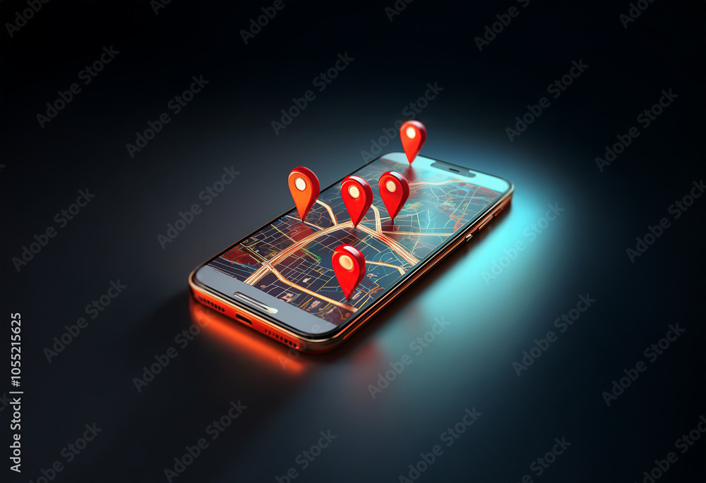 Poster a smartphone displaying a map with multiple red location pins, illuminated by blue and red light on 
