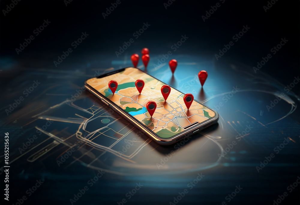 Poster a smartphone with a map on the screen and multiple red pushpins.