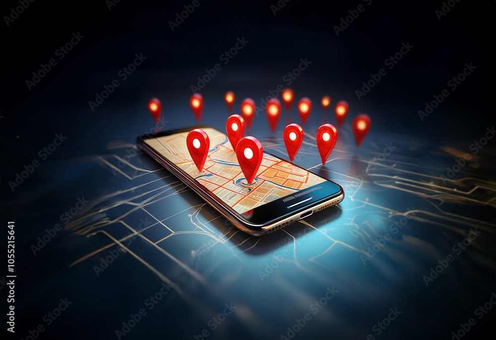 Aufkleber a smartphone displaying a map with multiple red location pins scattered around the screen.