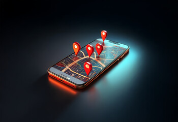 A smartphone displaying a map with multiple red location pins, illuminated by blue and red light on a black background.