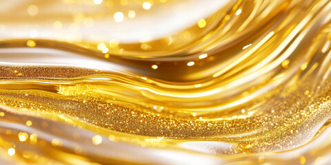 Golden oil beer liquid splash flow glossy shimmering drinks texture background with copy space