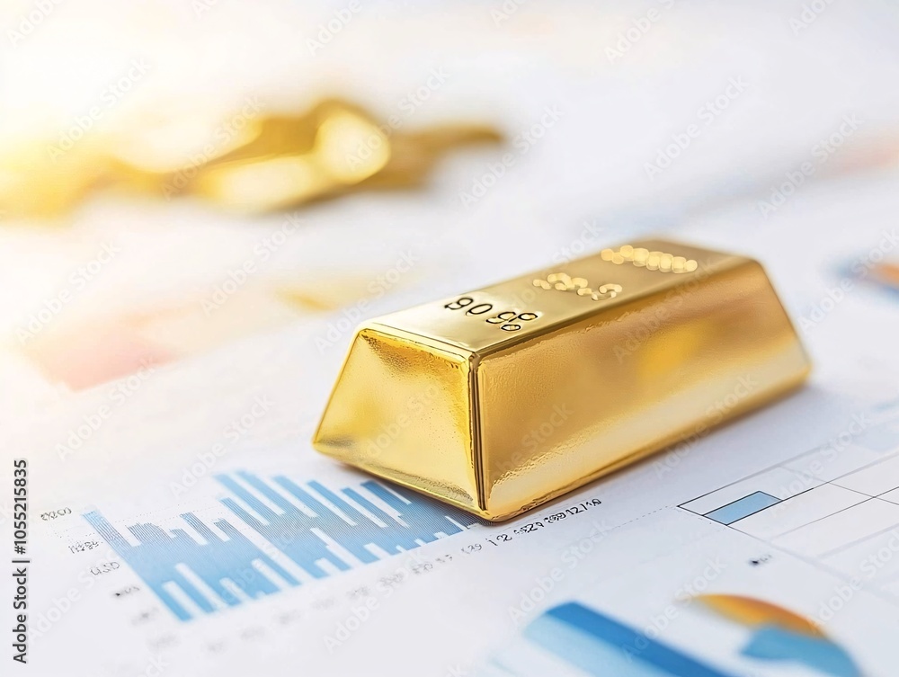 Poster a single gold bar resting on a desk with charts and market analysis sheets around it, symbolizing we