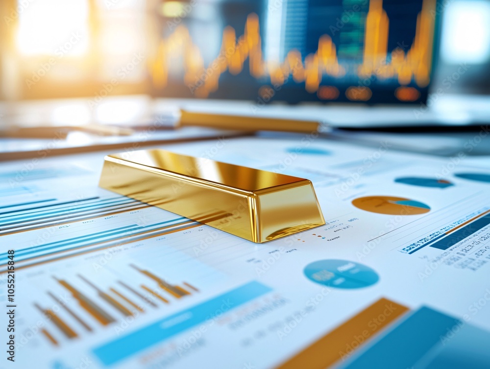 Poster a single gold bar resting on a desk with charts and market analysis sheets around it, symbolizing we