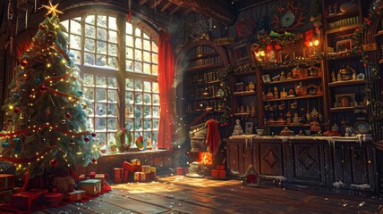 Obraz premium The magical Christmas workshop, Cozy christmas scene with decorations, a warming fireplace and a christmas tree, Happy christmas, full of seasons greetings