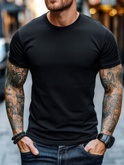 Man in a fitted black t-shirt and jeans, showing tattooed arms and wearing a black watch and bracelets, standing casually with one hand in his pocket. Urban street style.