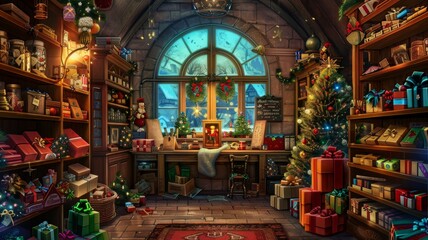 The magical Christmas workshop, Cozy christmas scene with decorations, a warming fireplace and a christmas tree, Happy christmas, full of seasons greetings