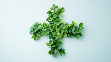 Fototapeta premium Cross-shaped arrangement of green leaves on white background