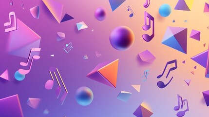 Abstract Geometric Music Background with Holographic Colors and 3D Shapes
