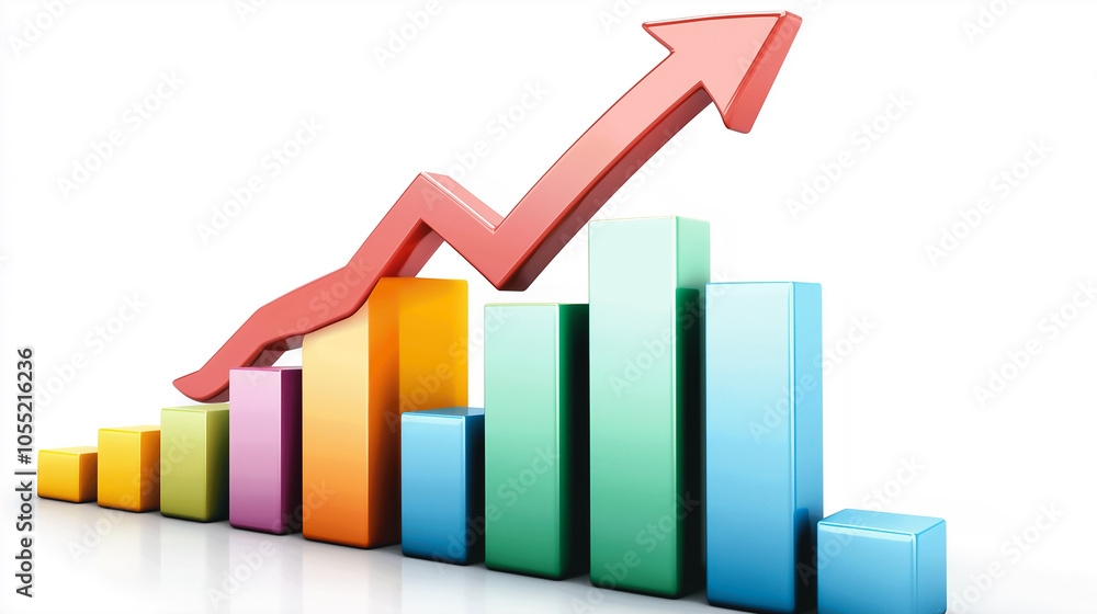 Poster a dynamic upward arrow rises over colorful bar graphs representing fluctuating data trends and chaos