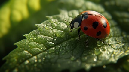 Fototapeta premium A macro photograph of a ladybug on a leaf, showing