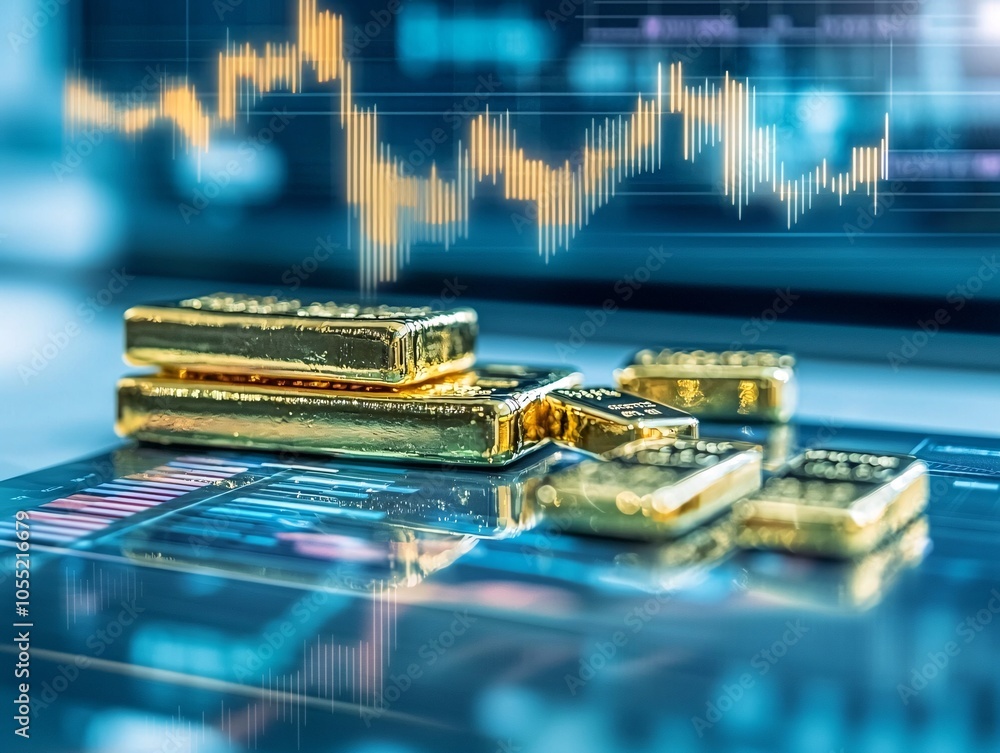 Poster a modern workspace with gold bars on a desk alongside charts, showing a balanced approach to gold an