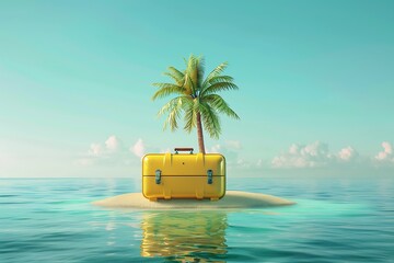 Fototapeta premium Yellow Suitcase on Island with Palm Tree