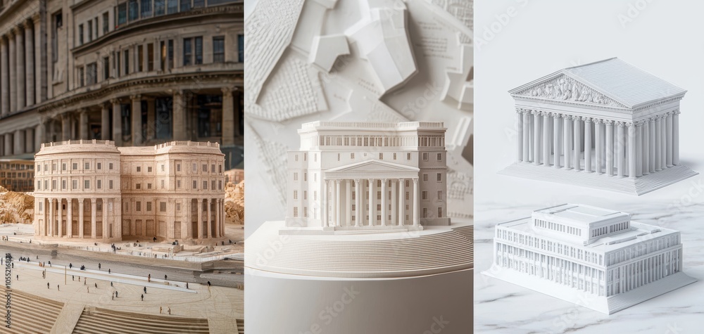 Poster conceptual collage of building models and architectural sketches, creating a modern graphic represen