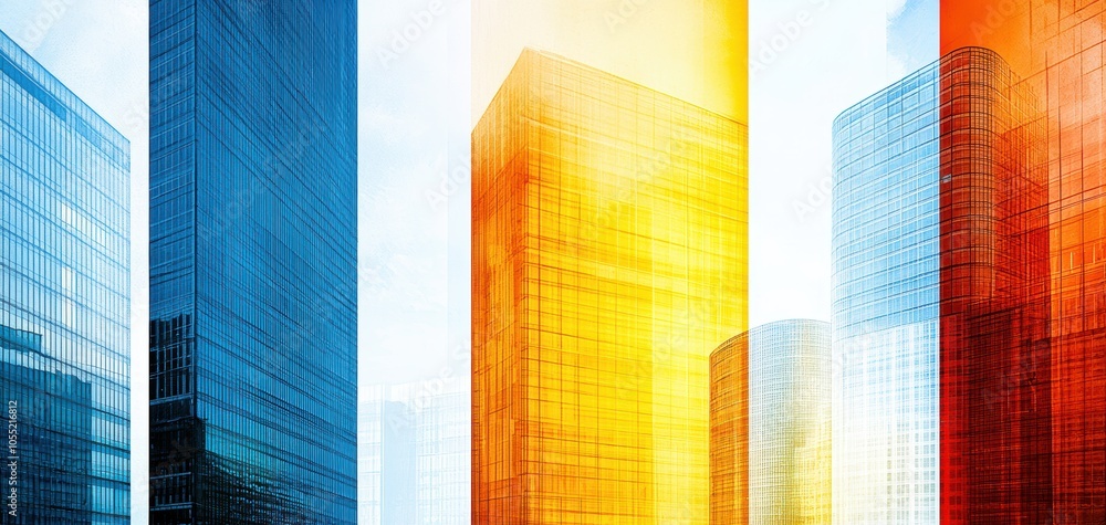 Poster conceptual collage of building models and architectural sketches, creating a modern graphic represen