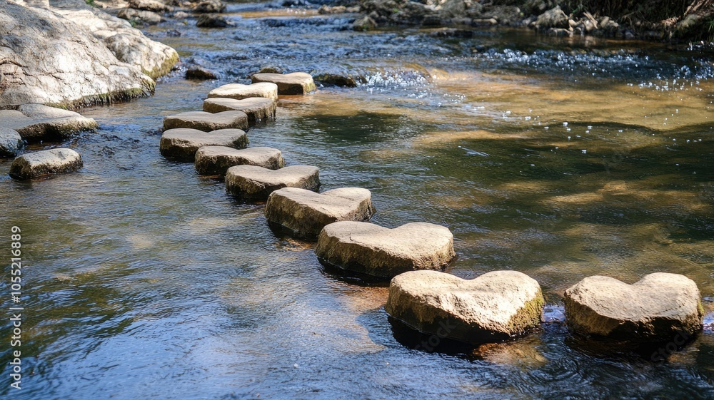 Poster heart-shaped stones creating path across flowing stream