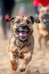 Obraz premium Mixed breed dog joyfully running on a sandy beach during a race
