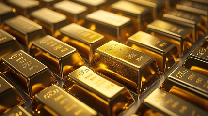 A close-up of gold bullion bars stacked, light glinting off the edges, detailed texture of each bar, financial data overlay with stock market graphs in the background