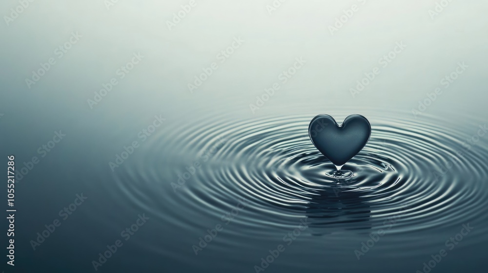 Poster heart-shaped object creating ripples on calm water surface