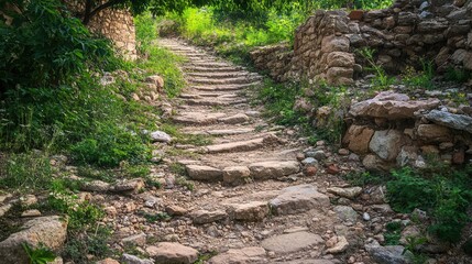 An old, forgotten stone road winding through ancient ruins, with the stones partially buried under debris and overgrown with plants