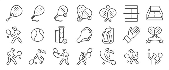 Padel tennis out icon set. It included contexts such as padel tennis, racket, paddle, player, ball, playing, and more. Editable Vector Stroke.
