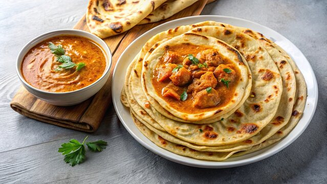 Homemade Malabar parotta with butter chicken served on a white plate , Indian cuisine, Kerala, traditional, delicious, meal