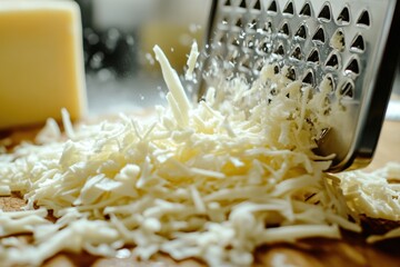 A close-up shot of a cheese grater in action, with shredded cheese falling onto a cutting board, capturing the texture, and process of food preparation, evoking a sense of culinary craftsmanship.