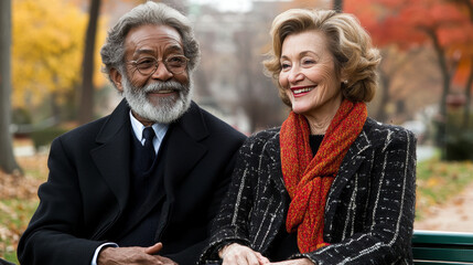 Elderly couple enjoying autumn together on a park bench, sharing smiles and dreams for their next adventure