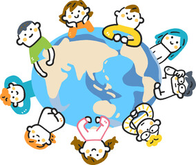 地球を囲む小学生たち　ストックイラスト素材
