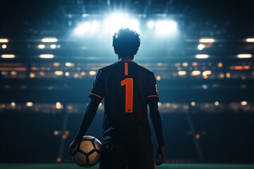 Goalkeeper prepares for a match under stadium lights at night with a soccer ball positioned for a kick