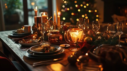 A New Year's Eve dinner table set with elegant dishes, candles,