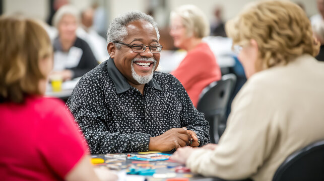 Seniors enjoying vibrant social activities at daycare, engaging in a lively board game in a bright, cheerful environment