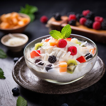 Buko salad, a popular Filipino creamy treat made with young coconut (buko), mixed fruits, and sweetened cream