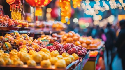 Vibrant Chinese New Year street food stalls with festive snacks