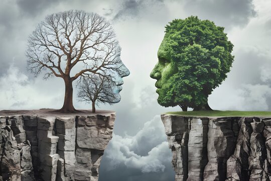 Human shaped trees on cliffs, barren and lush contrast creates surreal, reflective landscape