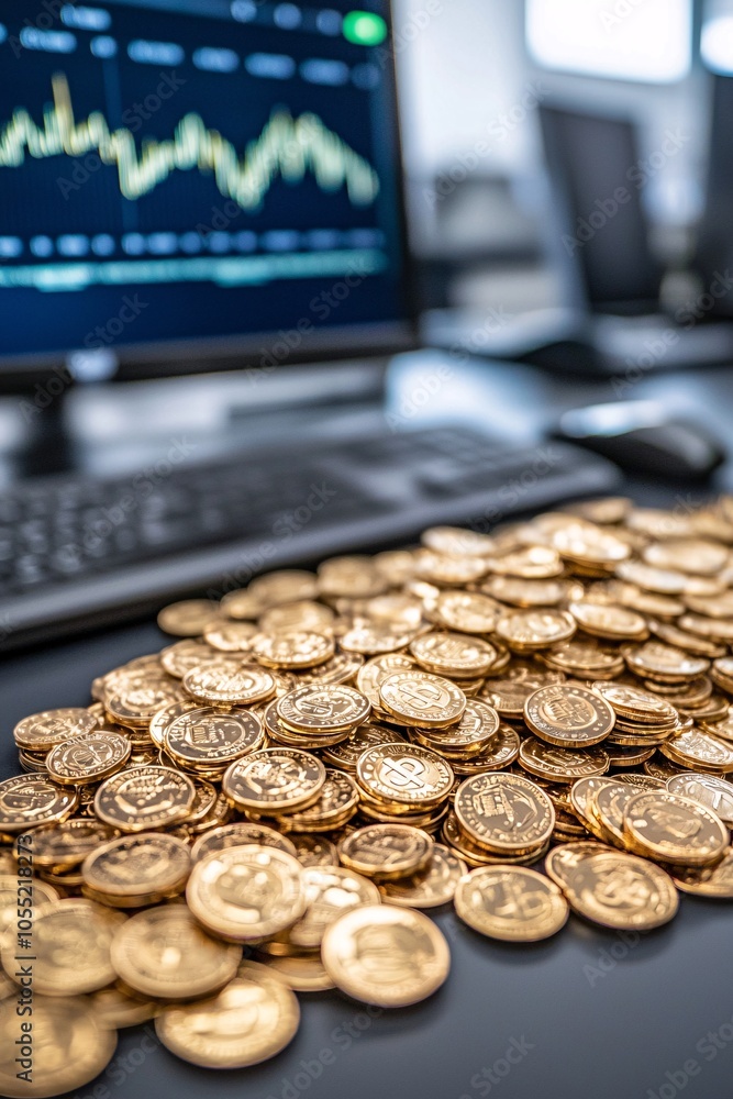 Poster an array of gold coins and bars on a financial analyst s desk, screens showing predictions and graph