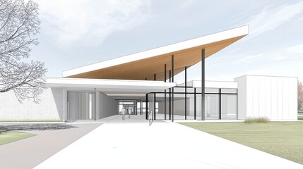 Detailed wireframe sketch of a building in 3D, perfect for architectural visualization and conceptual design projects