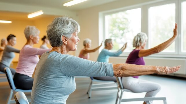 Seniors enjoying chair yoga class at a community center, practicing seated poses with guided instruction - Powered by Adobe