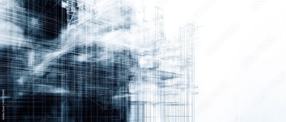 Poster digital wireframe illustration of a complex building project, showcasing architectural drafting and 