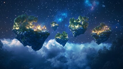 Magical Floating Islands in a Starry Night Sky