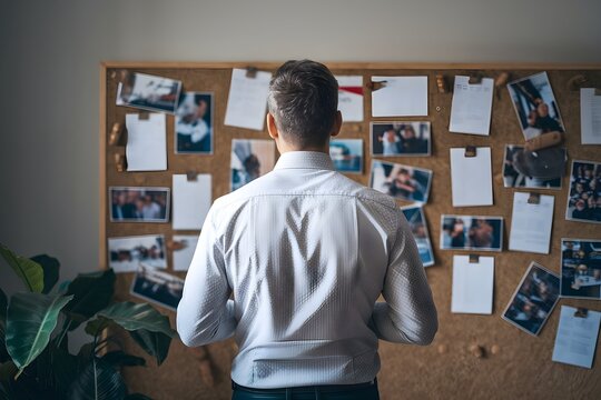 Man stands before note filled board, suggesting investigation, with potted plant nearby