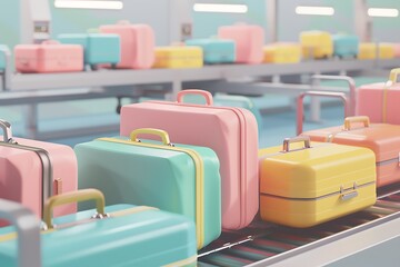 Fototapeta premium 3D Pastel Colored Luggage on Airport Conveyor Belt