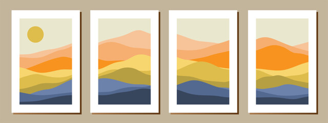 Set of creative abstract mountain landscape and mountain range backgrounds.Mid century modern vector illustrations with hand drawn mountains,sea or lake,sky,sun and moon.Trendy