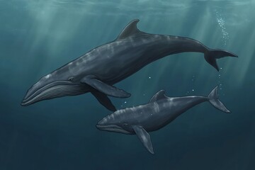 Obraz premium Baby Whale Swimming with Mother in the Ocean