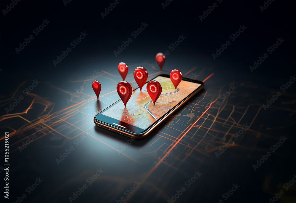 Aufkleber a smartphone lays on a dark surface with red location pins hovering over the screen, illustrating th
