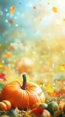 Happy Thanksgiving banner with pumpkins and autumn leaves vertical frame for instastory, reel or tiktok background