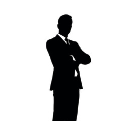 A businessman silhouette standing with crossed arms, facing forward with a strong, confident stance