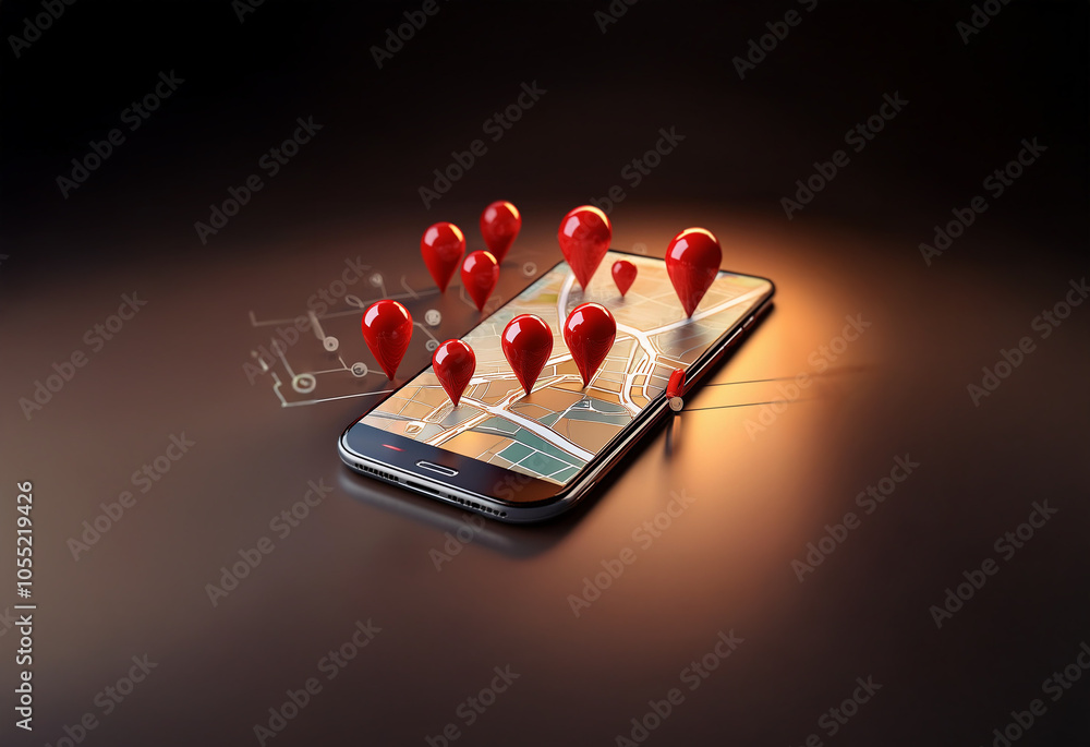 Poster a smartphone lays on a dark surface, illuminated by a soft, warm light, displaying a map with numero