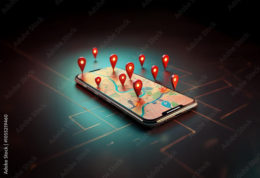 Aufkleber a smartphone lies on a dark surface with a map displayed on the screen. red location pins are scatte