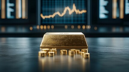Close-up of a luxurious desk with gold bars, financial projections on screens, light catching details on bullion