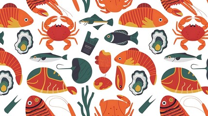 Obraz premium Vector seafood seamless pattern